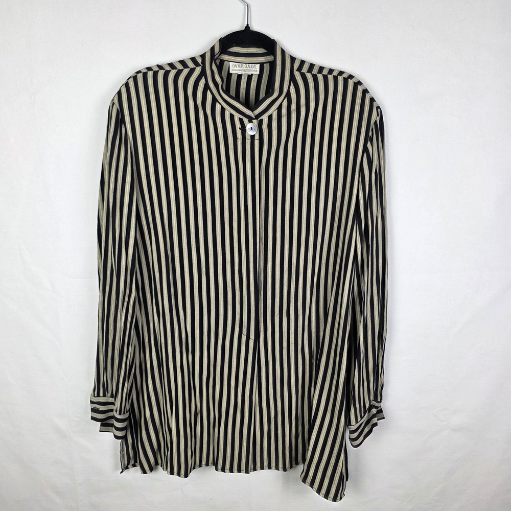 Camille Claudel Vintage Striped Button Up Blouse Black Cream XL Made in USA